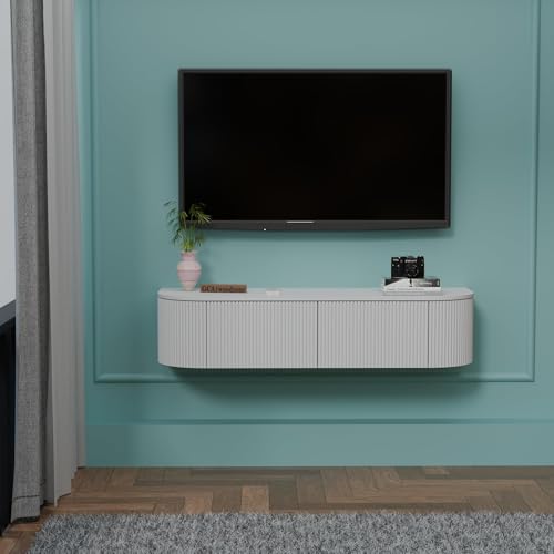 Image of 48 Inch Wall Mounted Floating TV Unit with Storage Cabinet for Living Room | Modern Wooden Entertainment TV Cabinet for LED TV up to 55 Inch | Wall Mounted TV Console Unit | White Finish