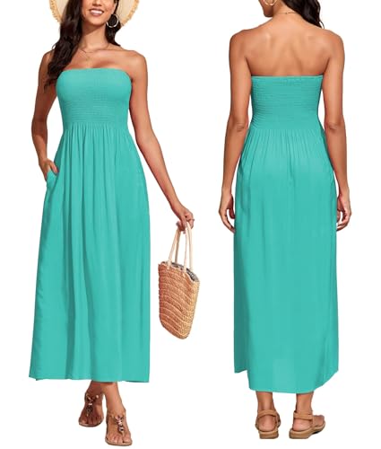 Image of Capuffy Women Strapless Boho Maxi Dress Sleeveless Tube A Line Summer Sundress with Pockets Flowy Swing Beach Dress 33