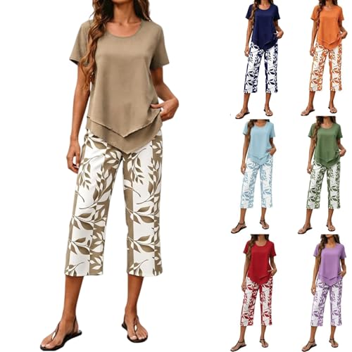 Capri Sets Women 2 Piece Outfits Plus Size Summer Outfits Summer Outfits For Women Over 50 Casual Wide Leg Crop Pants and Top Matching Suits Beige X-Large