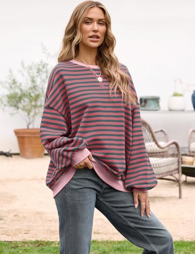 Image of UEU Women Oversized Striped Crewneck Sweatshirt Long Sleeve Color Block Pullover Tops Casual Loose Workout Shirt