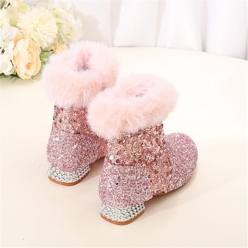 Girls Chunky Sequin Ankle Boots Low Heel Sparkly Glitter Booties Fleece F𝘂r Lined Warm Shoes with Girl Boots Warm2