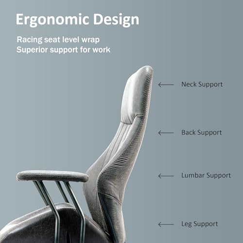 Image of High Back Home Office Chair, Mid Century Vintage Executive Chair,Comfy Ergonomic Rolling Office Task Chair with Lumbar Support,Faux Leather Office Chair,Dark Gray