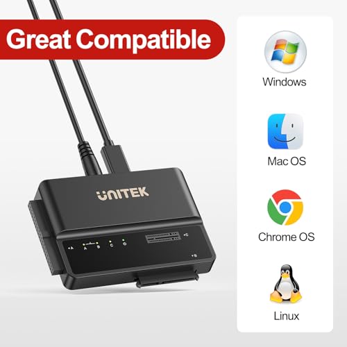 Image of Unitek 3-in-1 M.2 NVMe /SATA /IDE Adapter, 10Gbps USB 3.2, Tool-Free | Simultaneous NVMe, SATA & IDE Access; Fits 2230-2280 M.2, 2.5 /3.5 SATA, 3.5 IDE; Hot-Swap, Auto Sleep, No Driver