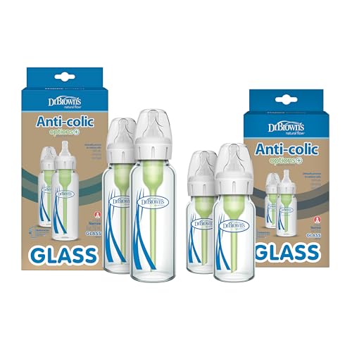 Image of Dr. Brown's Natural Flow Anti-Colic Options+ Narrow Glass Baby Bottles, Made in The USA, BPA Free, 8oz and 4oz, 0m+, 4-Pack