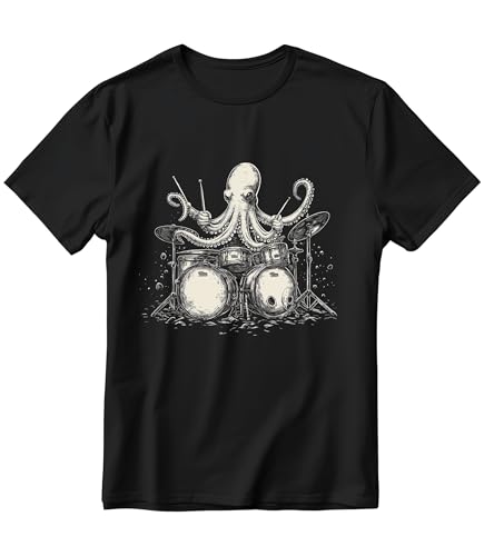 Octopus Drummer Shirt Vintage Music Lover Tee for Men Gift for Fathers Day Birthday (US Alpha Large Regular Regular Black)