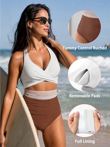 Image of B2prity Women's One Piece Swimsuit Tummy Control High Waisted Bathing Suit | Color Block,Removable Soft Cups,Cutout,V neck,Full Coverage,Adjustable Criss Cross Straps,Tie Back