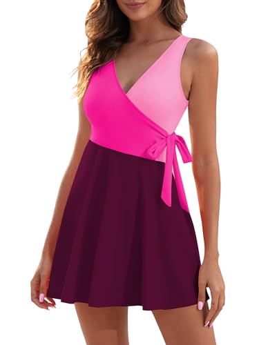 ZAFUL Women's One Piece Swimdress Swimsuit Color Block V Neck Wrap Tie Side Skirt Bathing Suits
