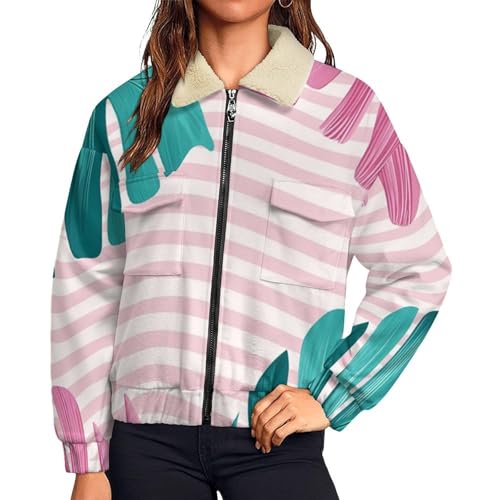 Chaqueta de invierno para mujer con forro polar y estampado de hojas minimalista