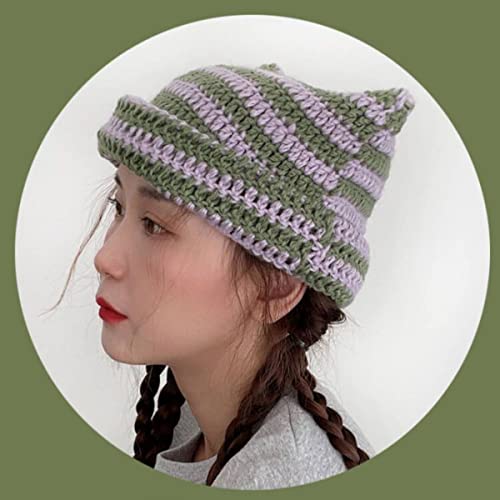 Fairy Grunge Cat Ear Beanie Y2K Punk Striped Crochet Hat Vintage Knitted Headwear Accessories2