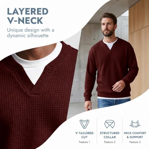 Waffle Shirts for Men Long Sleeve V Neck Fake 2 Piece Casual Layered Shirt - image 4