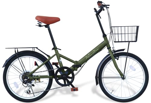 AIJYU CYCLE 折りたたみ自転車 20インチ AJ-08C シマノ6段ギア 荷台付き カゴ ワイヤー錠&フロントLEDライト プレゼント 街乗り (カーキ(荷台つき))