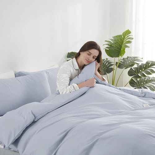 Image of Hearth & Harbor Ice Blue Duvet Cover Queen Size, 3 Piece Bedding Set | Soft Double Brushed Bedding Set, Button Closure, 1 Duvet Cover 90x90 Inches, 2 Pillow Shams