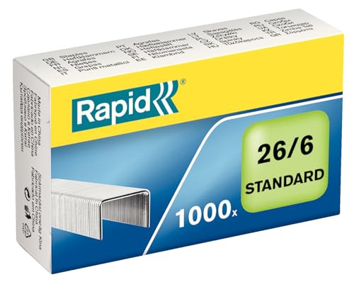 Rapid 26/6mm Standard Staples, For Stapling up to 20 Sheets, Use with Desktop and Electric Staplers, Galvanised Wire, Box of 1000, 24861300