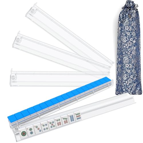 Gigeeei Mahjong Racks with Pushers and Bag - Set of 4 Clear Acrylic Tile Holders for American Mahjongg, Mahjong Accessories and Storage Bag, Transparent Mahjong Racks (Clear)