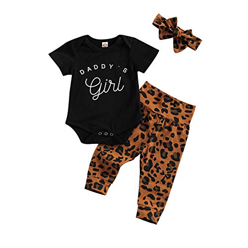 Image of Xdftwdmgqe Newborn Baby Girl Summer Clothes Kids Short Sleeve Letter Romper Tops+High Waist Floral Leopard Pants+Headband
