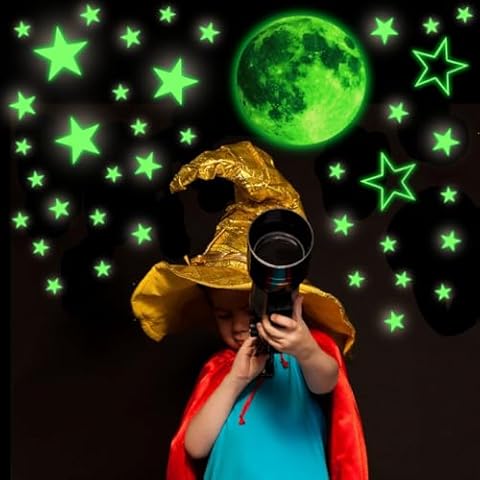 Glow Stars and Full Moon Wall Stickers for Starry Sky,Glowing Star Beautiful Wall Decals for Any Room,Beautiful Wall Decals for Kids Gift,Glow in The Dark Stars Light Your Ceiling Cover