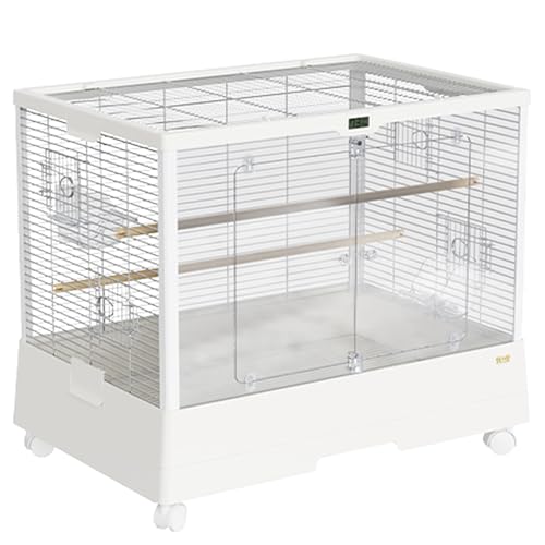 Rosoyスマート鳥かご大型 インコ(アクリル●304ステンレス) 温度・湿度表示/環境光/ボンネットサンルーフ付き 大きいサイズ鳥籠-70×47×56cm 小型および中型のオウムに適しています 付属品 - フードボックス、止まり木、ユニバーサルホイール