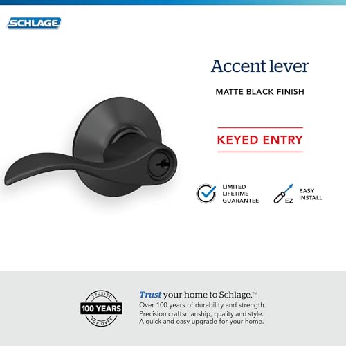 Image of Schlage F51A ACC 622 Accent Door Lever, Keyed Entry Lock, Matte Black