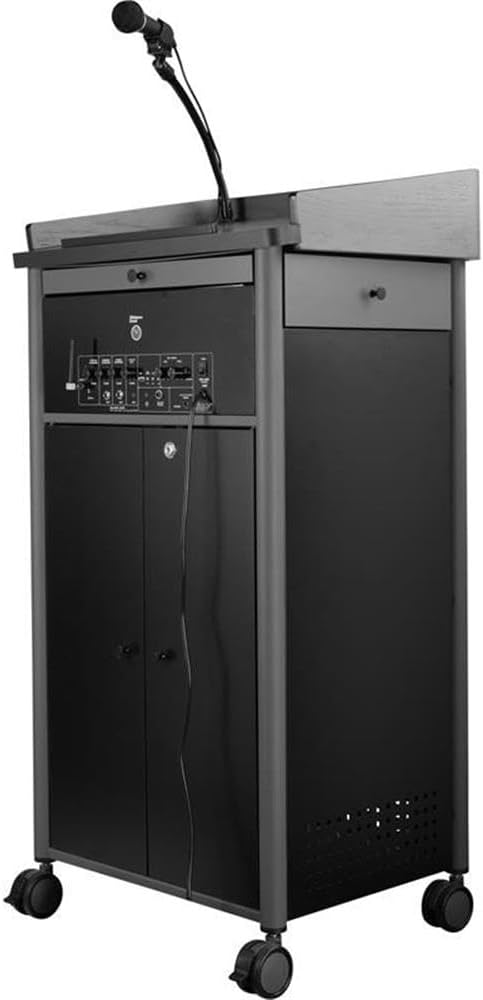 Pemberly Row Sound Lectern, Modern Metal Multimedia Podium with Storage Shelves, Keyboard Tray & Casters, Charcoal