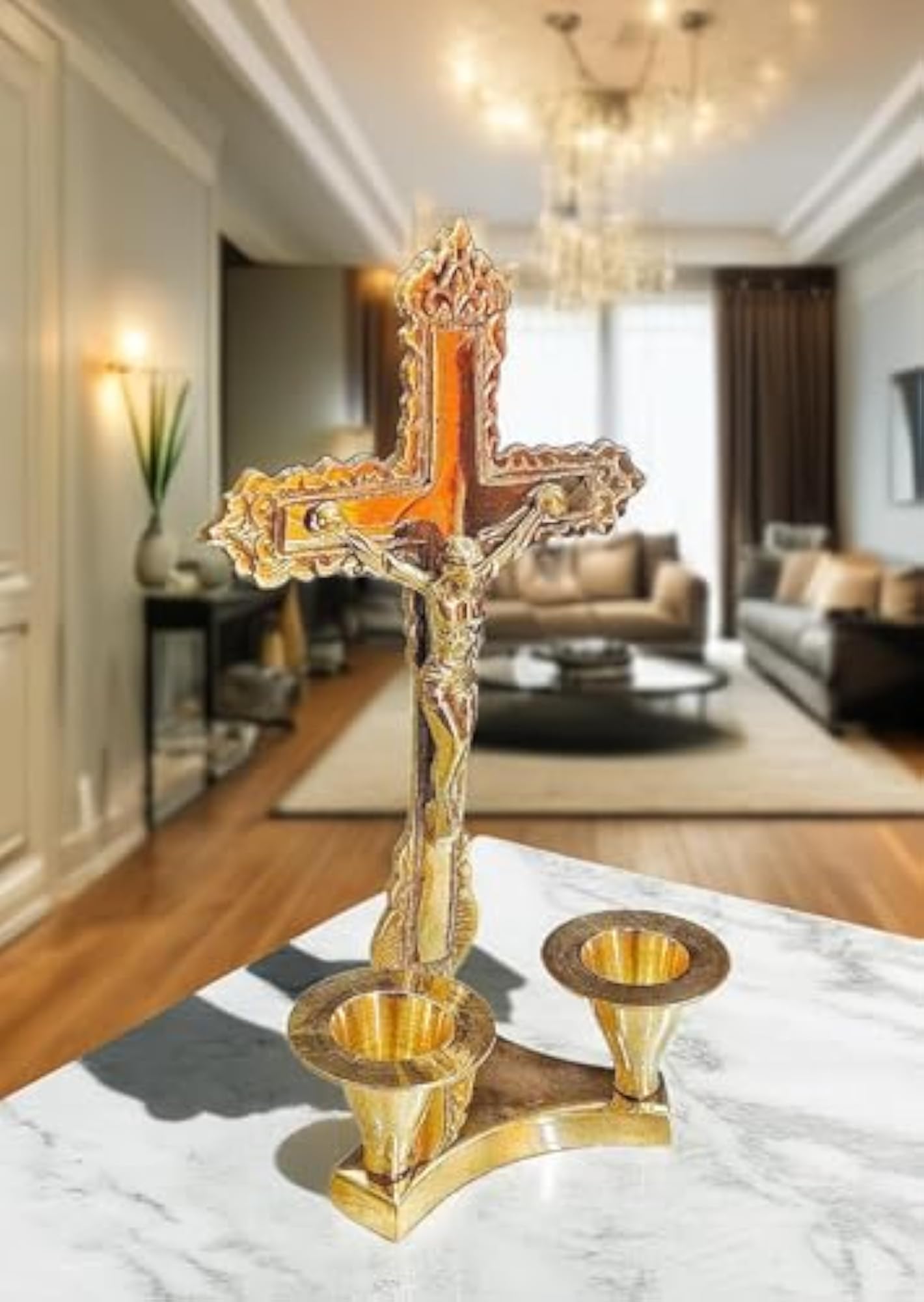Brass Cross Candle Holder Stand, Decorative Pooja Gift