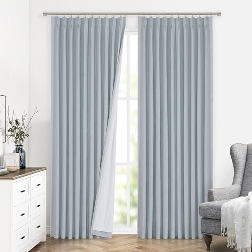 Image of Vision Home Blue Fog Pinch Pleated Full Blackout Curtains Linen Blended Room Darkening Window Curtains 112 inch for Living Room Bedroom Thermal Insulated Pinch Pleat Drapes with Hooks 60 inch Wx112 Lx1