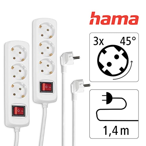 Hama 2er-Set Steckdosenleiste 3-fach (2x Mehrfachsteckdose mit Schalter zum Stromsparen, Steckplätze 45 Grad gedreht, Kabel 1,4m, GS geprüft) Weiß