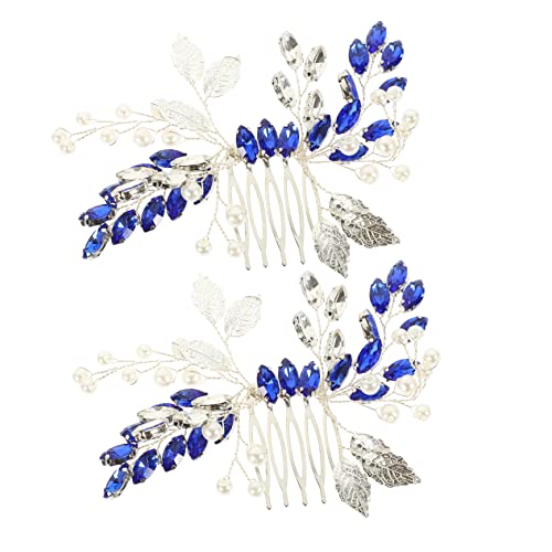 AUTSUPPL 2個ブルーラインストーン リーフヘアコーム 結婚式用 髪飾り 新婦
