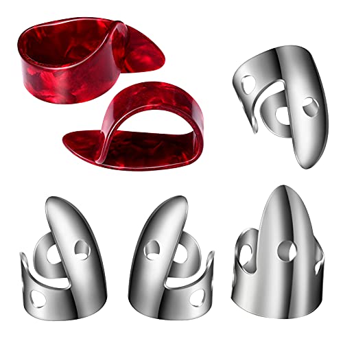 Shappy 6 Pcs Banjo Finger Picks Set Stainless Steel Adjustable Finger and Thumb Picks for Guitar(Silver, Agate Color)