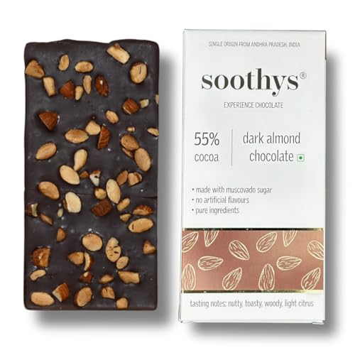 Image of Soothys 55% Dark Almond Chocolate Bar | 88gms | Handcrafted with Single-Origin Cocoa | Gift for Her /Him | No Artificial Flavours