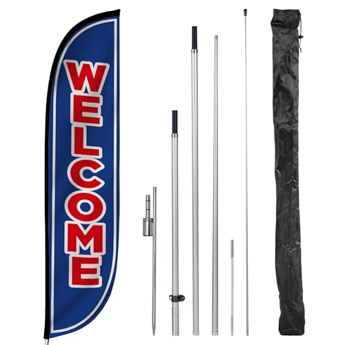Image of LookOurWay Feather Flag Set, 12 ft Advertising Flag with Fiberglass Poles and Ground Spike for Business Promotion, Welcome (Blue)