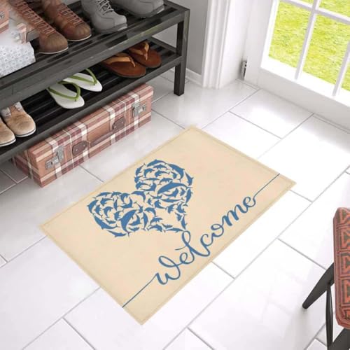 ���փ}�b�g �C���J�̃E�F���J���n�[�g�i�����E���O�p�j 50×80cm doormat Dolphin Welcome Heart Funny Indoor And Outdoor