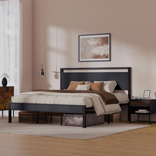 Image of Z-hom Upgraded King Size Bed Frame, Heavy Duty Metal Sturdy King Bed Frame with Modern Wood Headboard & Footboard, Stable Platform Bed Furniture Bed Storage, No Noise, No Box Springs, Black