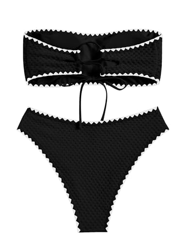 Image of ZAFUL Women's Strapless Bandeau Bikini 2 Piece Swimwear Cheeky Solid Pom Bathing Suits(9-Black,S), Small