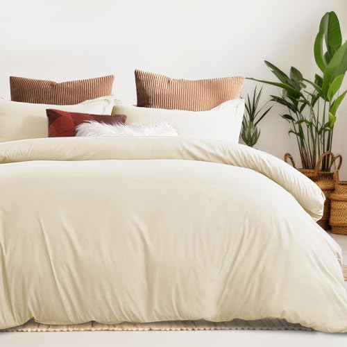 LINENOVA 100% Cotton Queen Quilt Cover Set Breathable Moisture Wicking All Season Hotel Inspired Duvet Cover with Pillowcase 3 Piece Cream