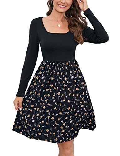 KOJOOIN Damen Tunika Kleid Langarm U-Ausschnitt Swing Kleid Knielang Hohe...