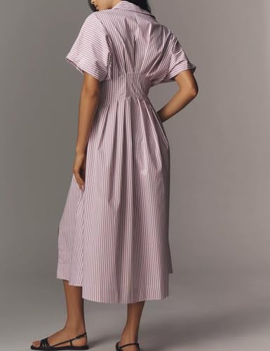 Image of Women Striped Button Front Pleated Maxi Shirt Dress Short Sleeve Collar Summer Casual Purple Corset Long Dress