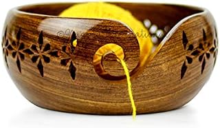Rosewood Crafted Wooden Yarn Storage Bowl with Carved Holes & Drills | Knitting Crochet Accessories | Nagina International (Small)
