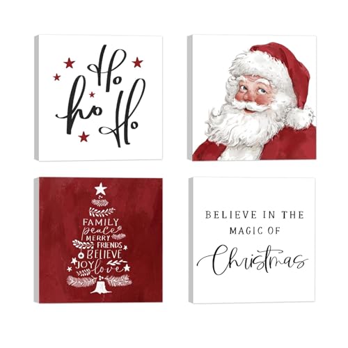 Santa Claus Christmas Wall Decor Canvas Art: Classic Christmas Tree Pictures Wall Decorations Vintage Painting Artwork Xmas Holiday Prints Hanging Framed for Bedroom Home Indoor 12"x12"x4 Ch