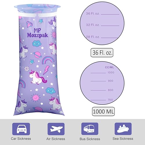 Image of MP MOZZPAK Vomit Bags Disposable 35 Pack - 1000ml Emesis Bags, Leak-Proof Barf Bag, Travel Friendly Puke & Nausea Bag for Motion Sickness, Medical Grade Throw up Relief for Car (35pk - Unicorn Style)