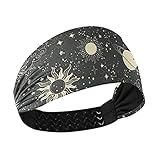OTVEE Space Sun Moon Stars Headband for Women, Elastic Yoga Headwraps Hair Band Sweatband for Fitness Yoga Workout