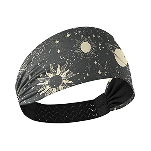 OTVEE Space Sun Moon Stars Headband for Women, Elastic Yoga Headwraps Hair Band Sweatband for Fitness Yoga Workout