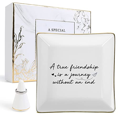 JAUVIE A True Friendship is a Journey Without an end Ceramic Trinket Tray, Jewelry Dish - Birthday Gifts for Friends Female - Women Ring Holder, Jewelry Tray for Friend, Long Distance Friendship Gifts JAUVIE A True Friendship is a Journey Without an end Ceramic Trinket Tray, Jewelry Dish - Birthday Gifts for Friends Female - Women Ring Holder, Jewelry Tray for Friend, Long Distance Friendship Gifts