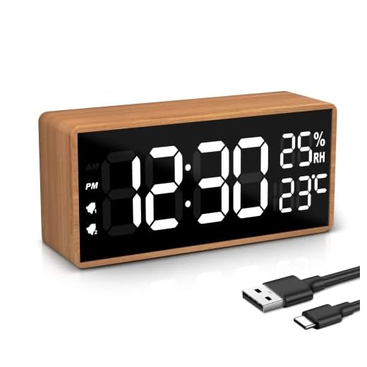 hinrey Despertador LED de Madera, Reloj Despertador Digital con Doble Alarma/Snooze/7 Niveles Brillo/5 Niveles Volumen, Reloj de Sobremesa Alimentado por USB para Salón/Dormitorio/Oficina-Marrón
