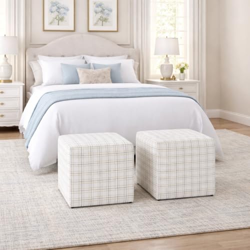 Image of HomePop 19 inch Square Ottoman - Natural Plaid Woven Fabric