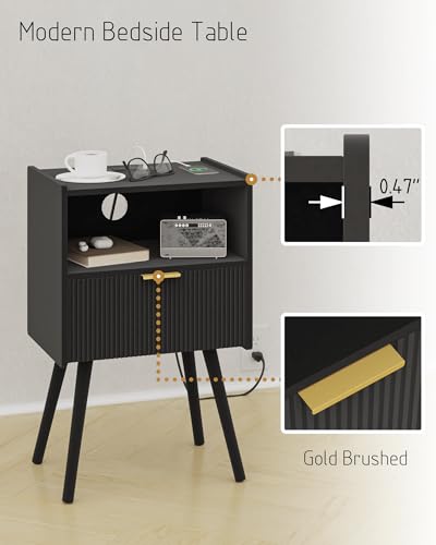 Image of Black Nightstand with Outlet,Modern Bedside Table with Storage Drawer and Open Wood Shelf, for Living Room, Bedroom and Small Spaces, Accent Night Stand with Solid Wood Legs, Easy Assembly