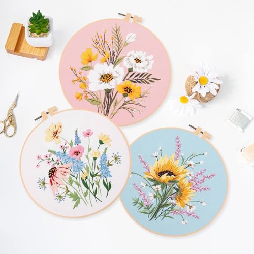 Image of EOBTAIN 3 Pcs Pink Floral Embroidery Kit for Beginners, Plant Flower Embroidery Kits for Adults,Embroidery Starter Kit with Pattern,Hoop,Thread,Needles,Hand DIY Craft Kits for Adults