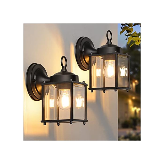 MATAMEYE Outdoor Wall Lantern, Exterior Waterproof Wall Sconce Light Fixtures, Black Front Door Wall Lighting with Clear Beveled Glass Shade, Anti-Rust E26 Socket Porch Lights for Garage, 2 Pack