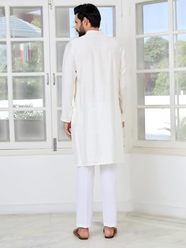 Image of See Designs Men's Full Sleeve Mandarin Collar Ethnic Motifs Embroidered Sequinned Mandarin Collar Straight Long Kurta with Pyjama - Festive Collection