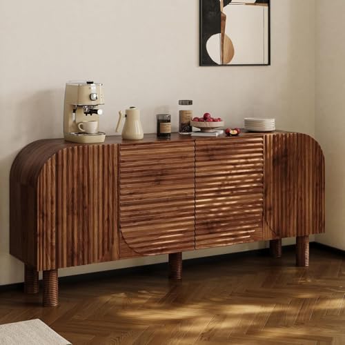 Image of 71 inch Curved Sideboard Cabinet with Storage, 4-Door Buffet Credenza, Walnut | Large wood credenza features four textured arched doors, roomy storage, and anti-tip hardware for dining rooms and entryways