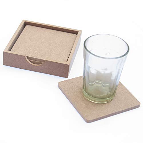 Image of IVEI MDF DIY Coasters with Holder Stand - MDF Plain Wooden Coasters & Holder Blank Cutouts for Painting, Sheet Craft, Decoupage, Resin Art Work & Decoration (Square with Holder)